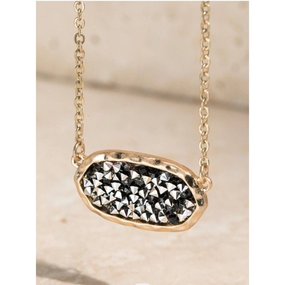 Oval Hematite Glitter Pendant Necklace, Gold-Tone, NWT